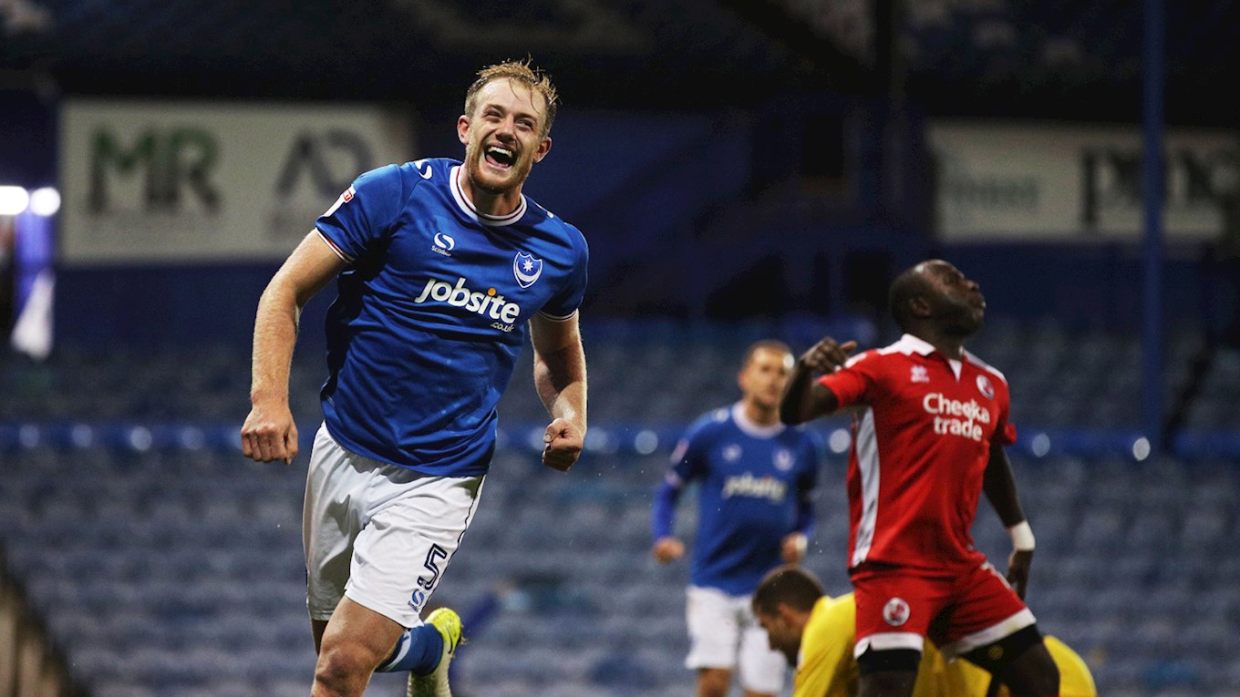 Matt Clarke celebrates scoring for Pompey against Crawley Town at Fratton Park in the Checkatrade Trophy