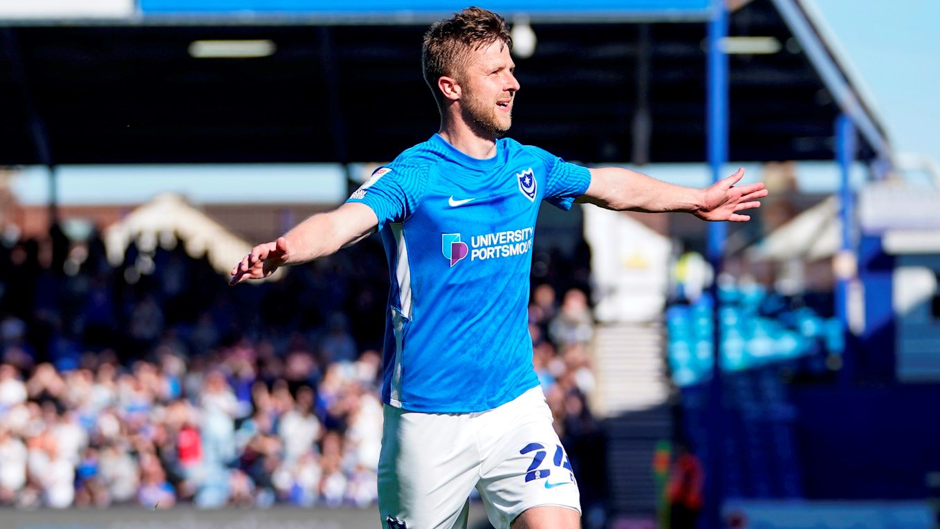 Michael Jacobs celebrates scoring for Pompey against Lincoln City at Fratton Park