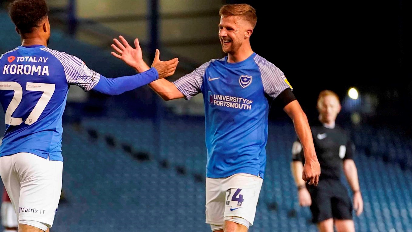Michael Jacobs celebrates after scoring for Pompey against Aston Villa U21 in Papa Johns Trophy