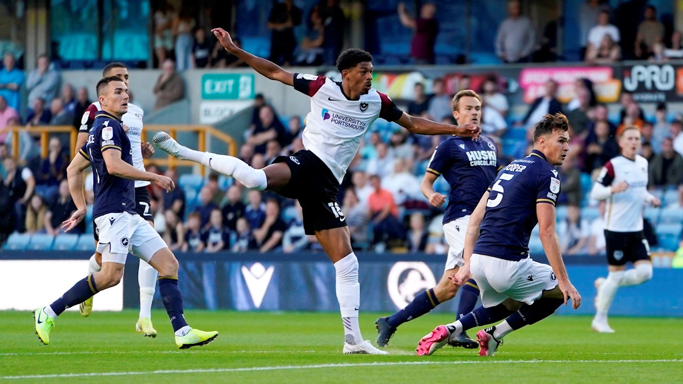 Reeco Hackett-Fairchild scores for Pompey at Millwall in the Carabao Cup
