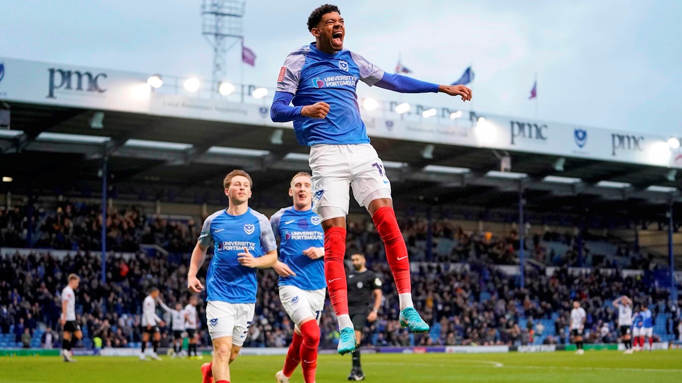 Reeco Hackett celebrates scoring for Pompey against MK Dons in the Emirates FA Cup at Fratton Park