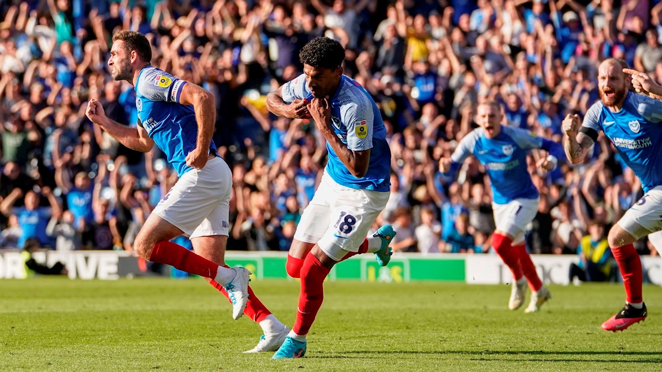 Reeco Hackett celebrates scoring for Pompey against Plymouth Argyle at Fratton Park