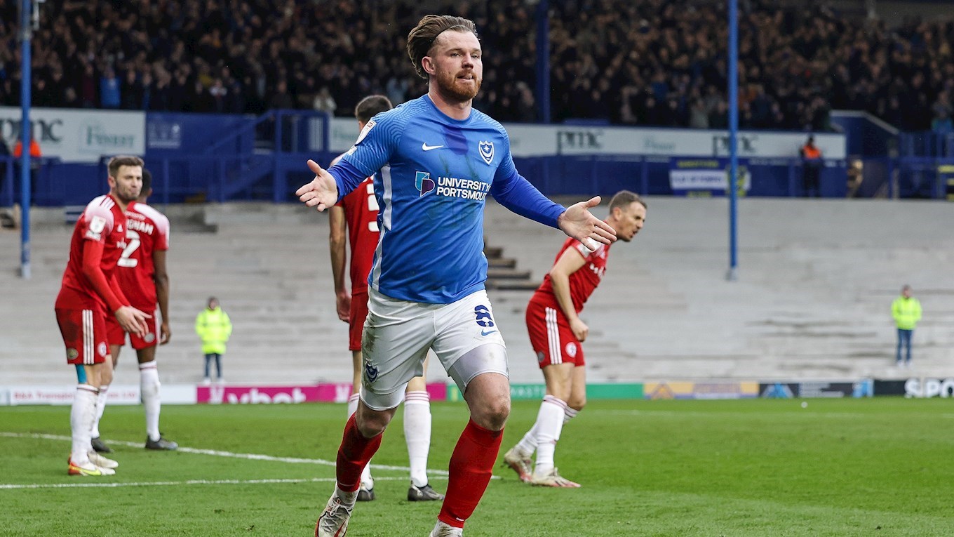Ryan Tunnicliffe celebrates scoring for Pompey against Accrington Stanley at Fratton Park