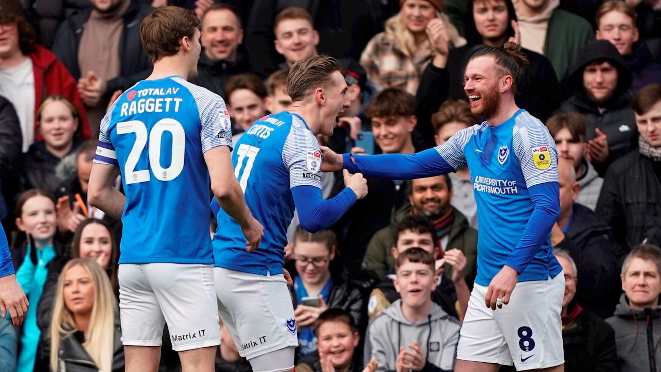 Ryan Tunnicliffe celebrates scoring for Pompey against Cheltenham Town at Fratton Park