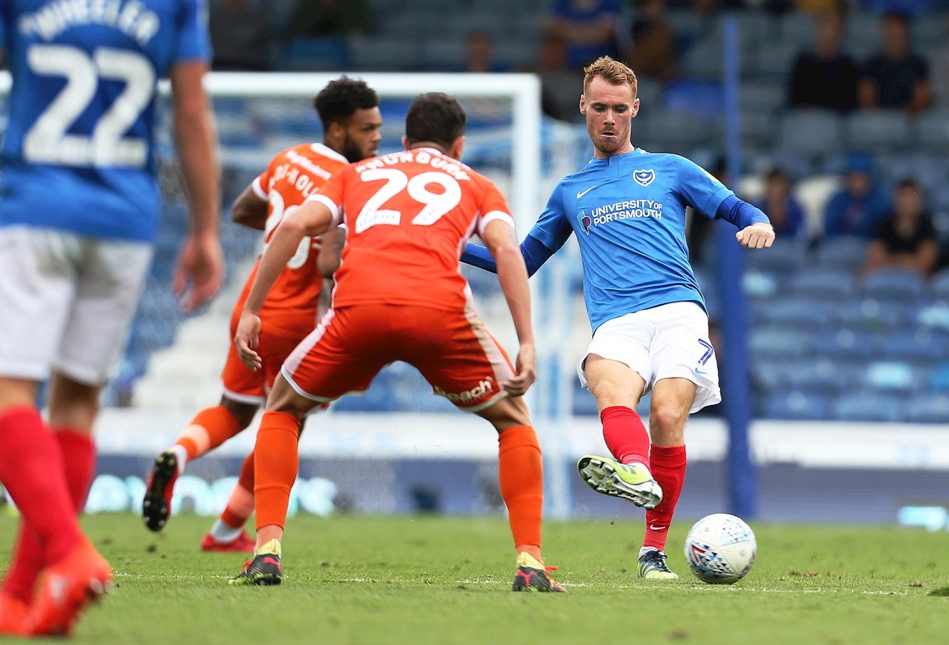 Tom Naylor in action for Pompey against Shrewsbury Town