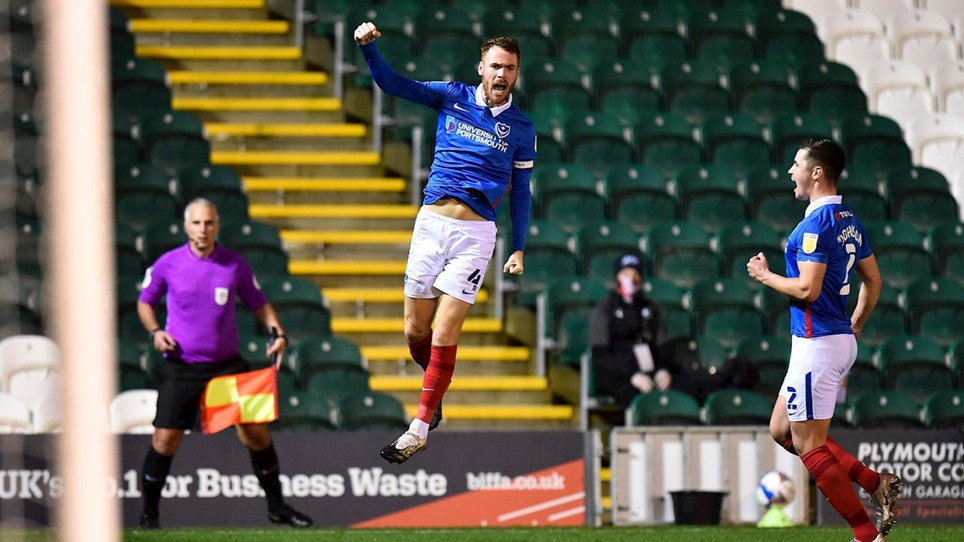 Tom Naylor celebrates scoring for Pompey at Plymouth