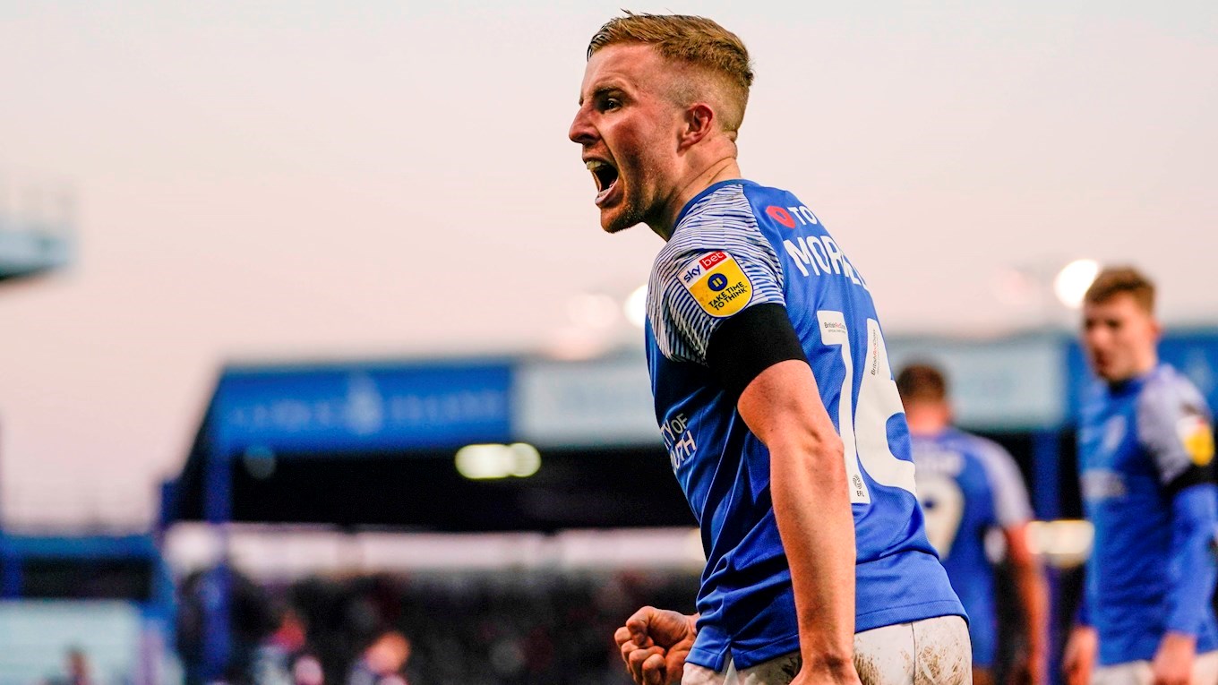 Joe Morrell celebrates scoring for Pompey against Exeter City at Fratton 