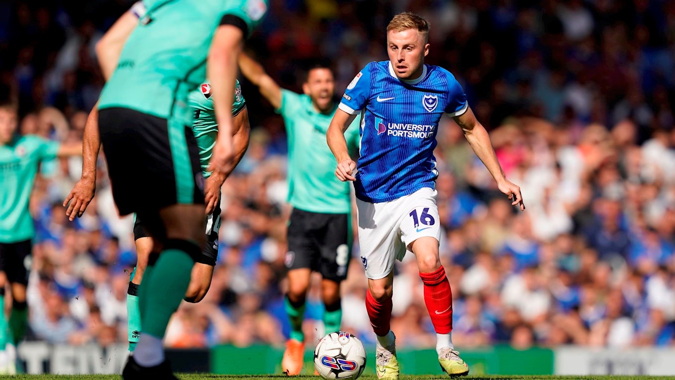 Joe Morrell in action for Pompey against Cheltenham Town at Fratton Park