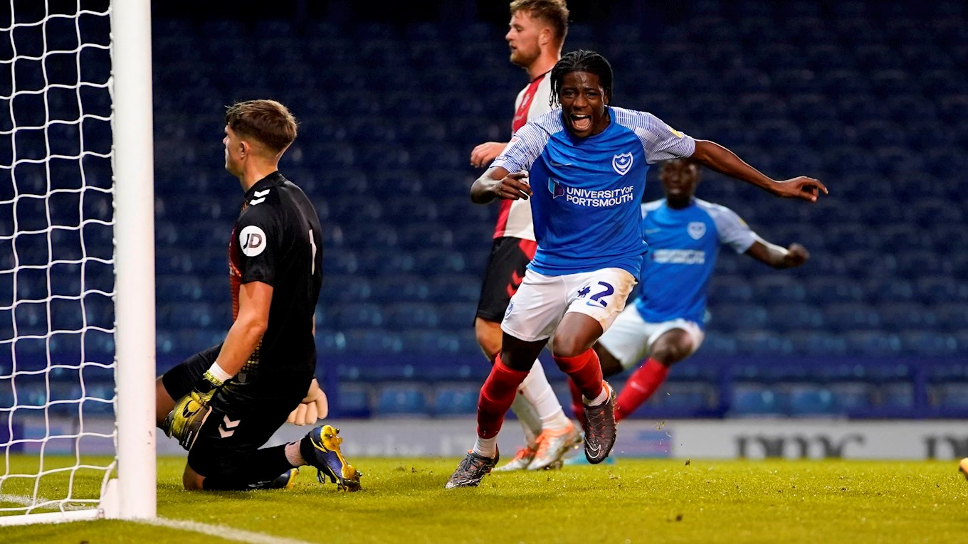 Koby Mottoh celebrates after scoring for Pompey against Southampton in the Hampshire Cup at Fratton Park