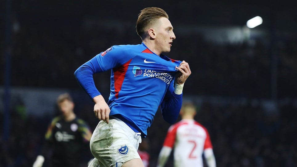 Ronan Curtis celebrates scoring for Pompey against Barnsley in the Emirates FA Cup
