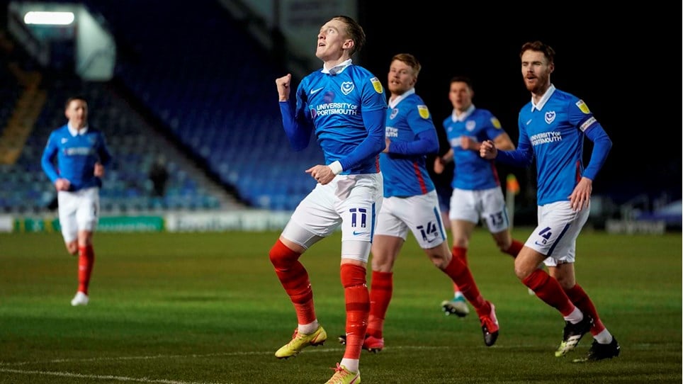 Ronan Curtis celebrates scoring for Pompey against Swindon Town at Fratton Park