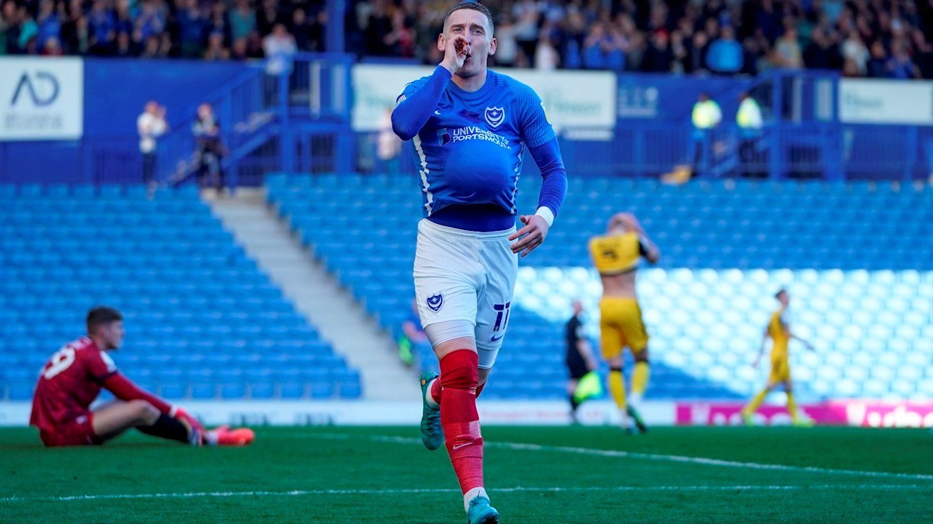 Ronan Curtis celebrates scoring for Pompey against Lincoln City at Fratton Park