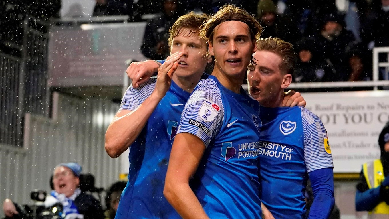 Ryley Towler celebrates scoring for Pompey against Bolton Wanderers at Fratton Park