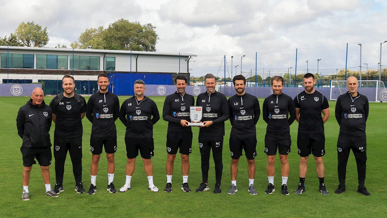 Danny Cowley collects the Sky Bet League One Manager of the Month award for August with his backroom team